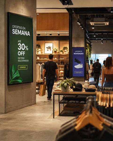 Telas verticais anunciando ofertas da semana e lançamentos em uma loja de roupas, com clientes circulando