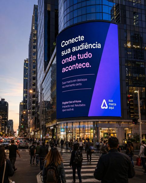 Painel de LED em um prédio de esquina exibindo um anúncio de marca para pedestres em uma avenida movimentada