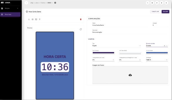 Tela de configuração do widget de hora certa no portal do uSign: à esquerda a pré-visualização do relógio, à direita os campos de cor, tamanho e animação