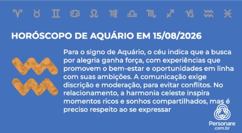 Widget de horóscopo do dia para o signo de Aquário, com o texto da previsão e o símbolo do signo