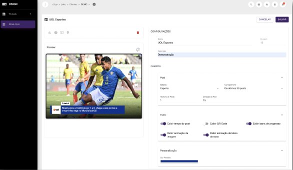 Tela de configuração de um widget de notícias no portal do uSign: à esquerda a pré-visualização de um post esportivo, à direita os campos para escolher o canal, o número de posts e a duração